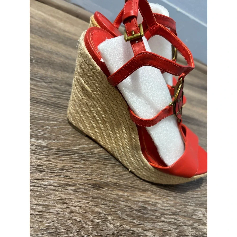 Michael Kors Red‎ Leather Espadrille Wedge Sandals MK Logo Gold Hardware 8M